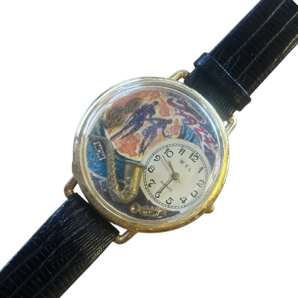 WYL Quartz Jazz Theme Watch Gold Tone Miniature Saxophone Leather Untested